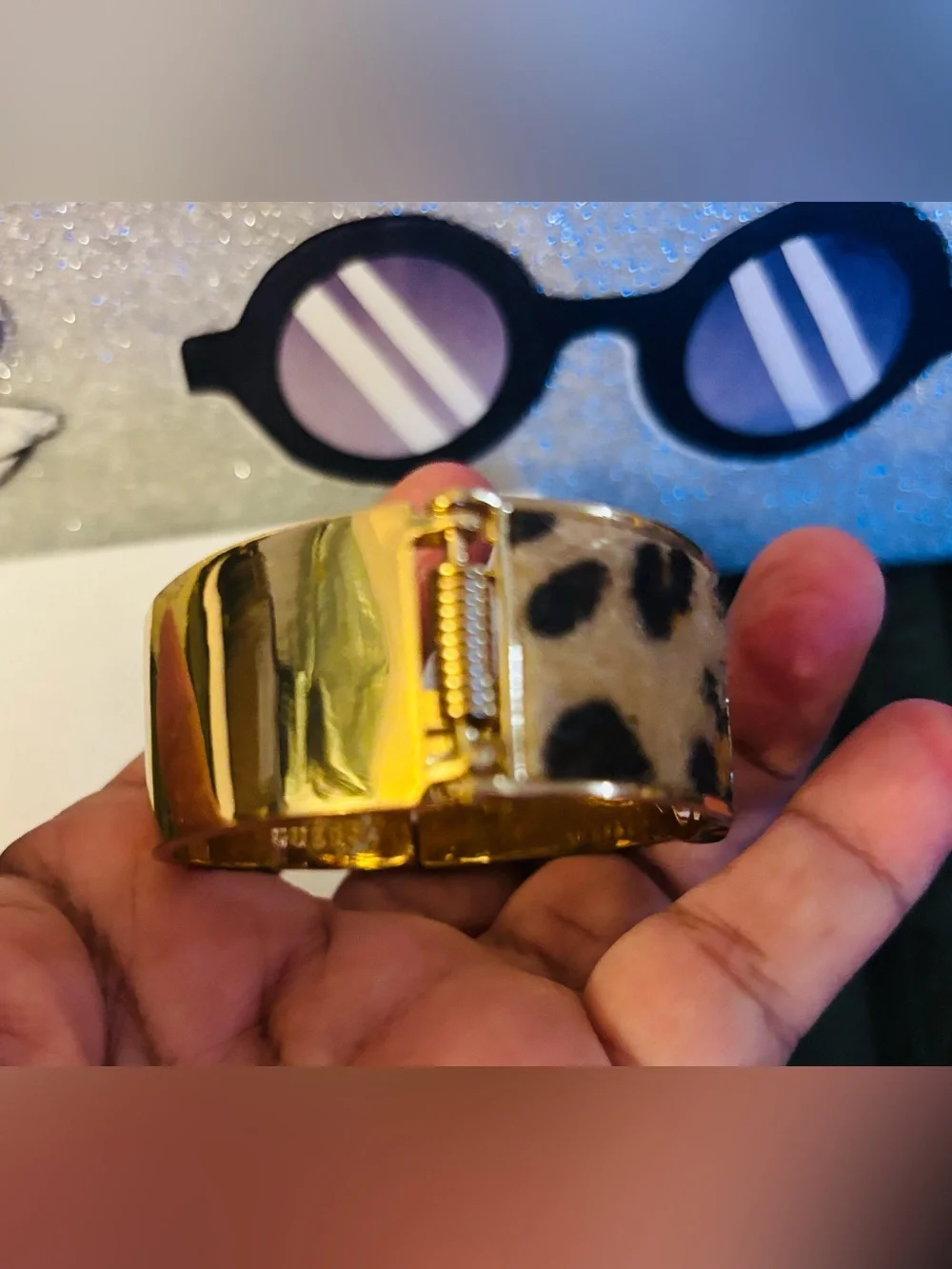 Guess Leopard Print Logo Cuff Bracelet in Gold